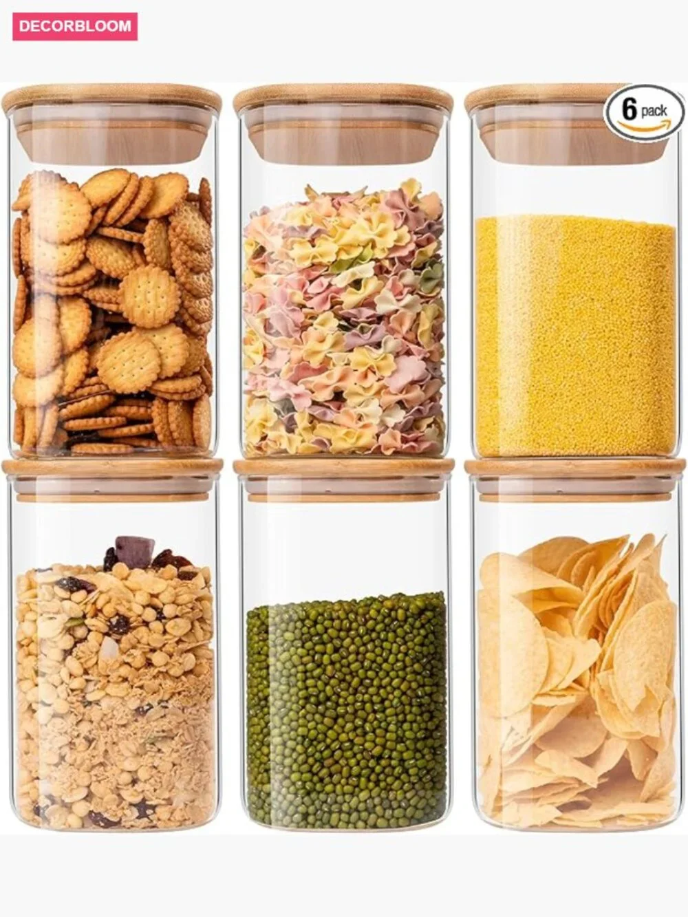 37 oz Glass Food Storage Jars Set of 6 Airtight Bamboo Lid